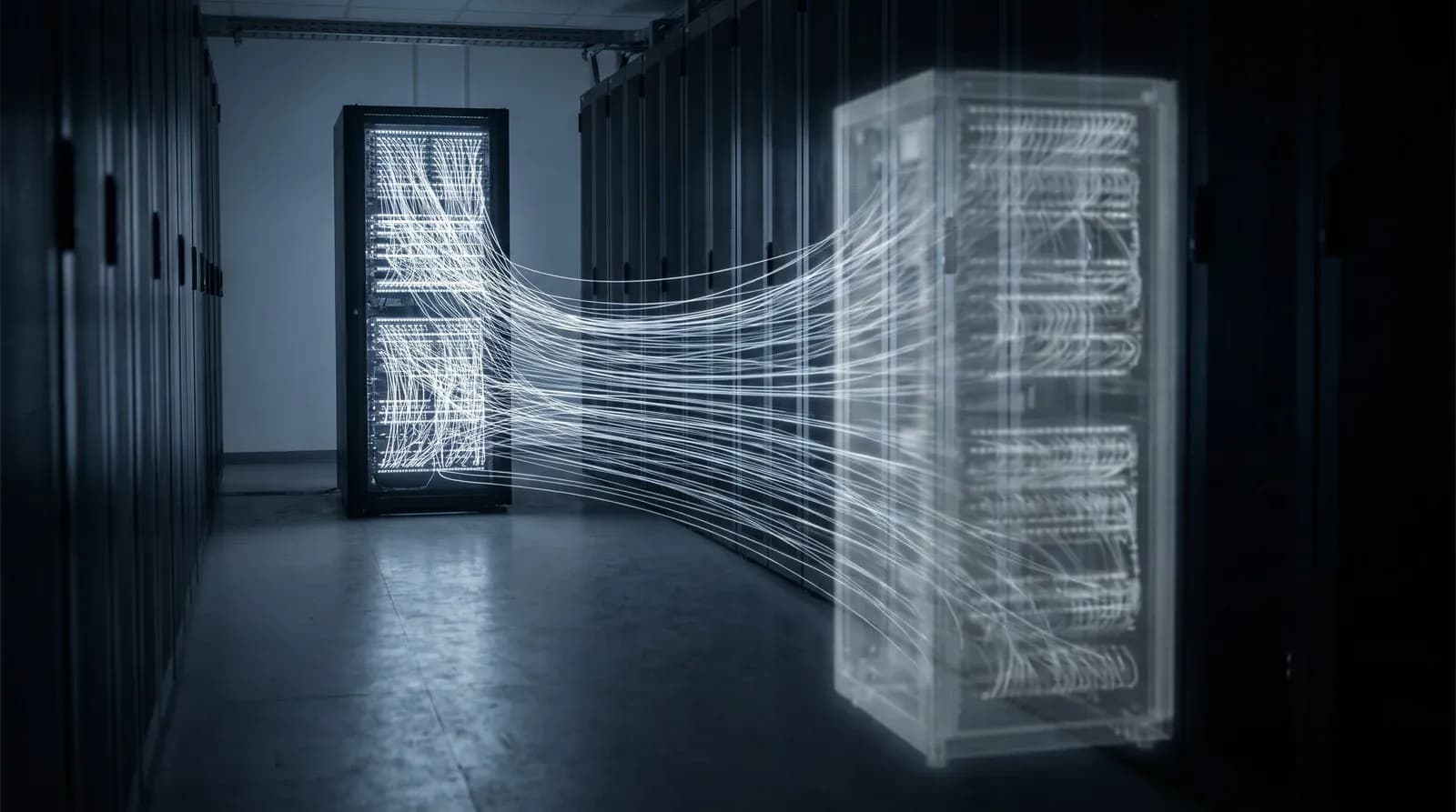 A glowing server cabinet representing an AI model being drained thread by thread into a faint duplicate cabinet down a dark data-centre aisle, illustrating model distillation