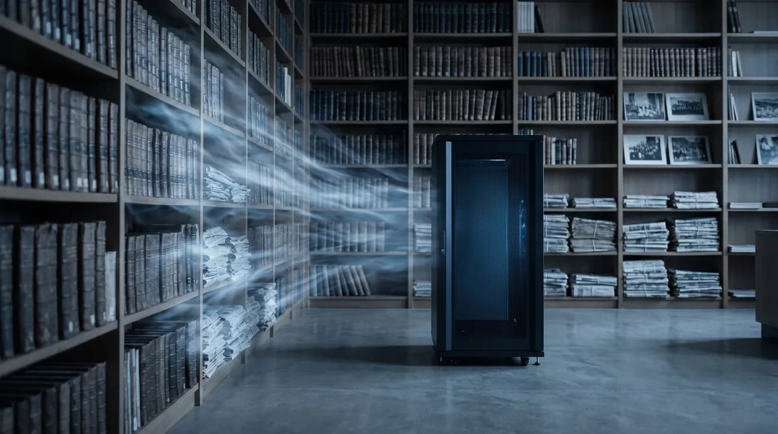 An archive of old books, bound newspapers and photographs in a dim library, their contents streaming as light into a single dark server cabinet, illustrating AI models trained on scraped creative work