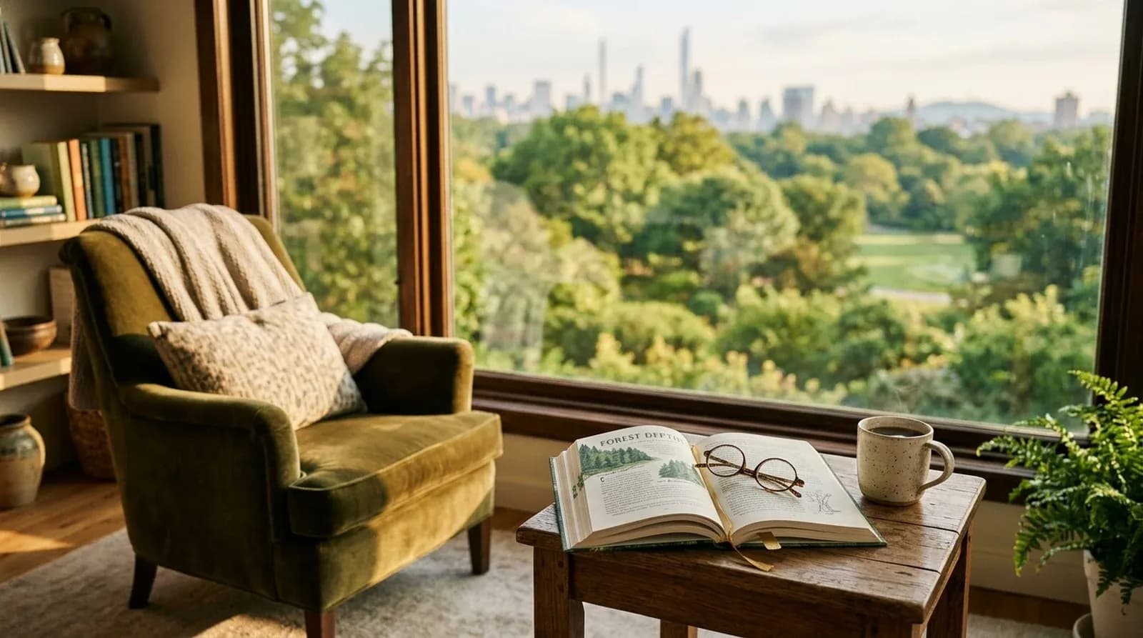 Open book and reading glasses on a side table overlooking green parkland