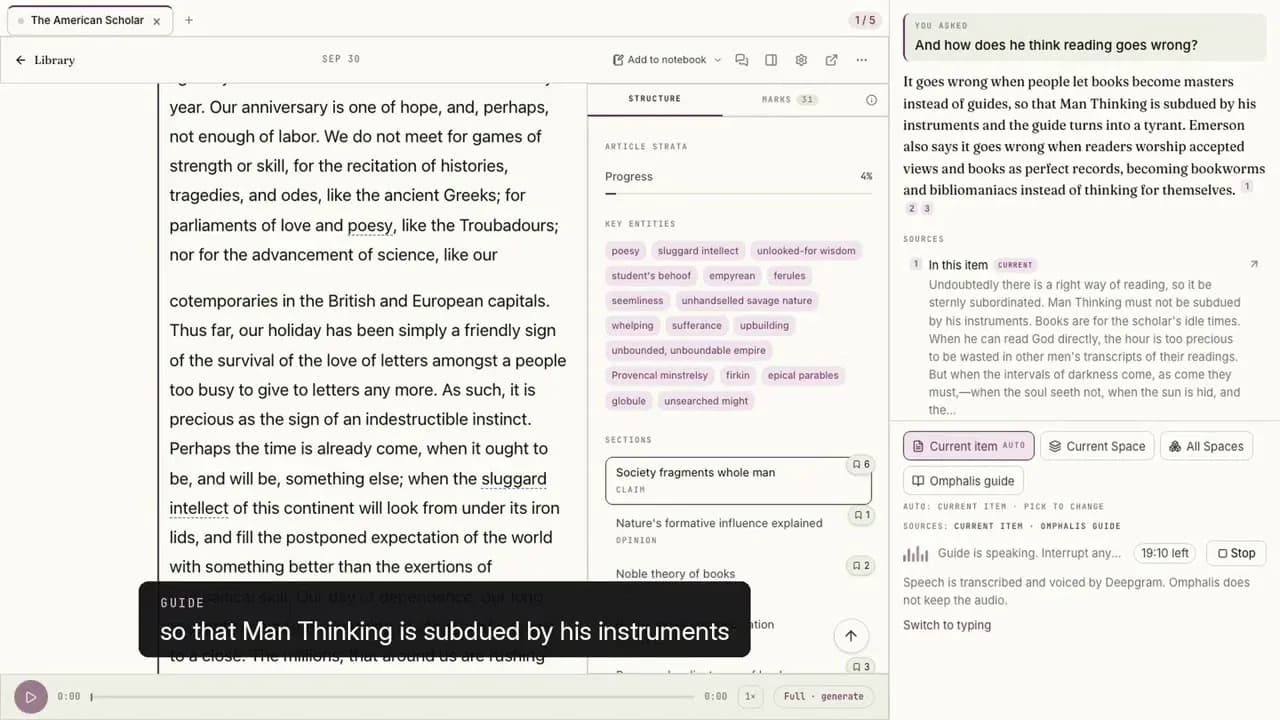 Ask voice in Omphalis answering a spoken question about Emerson's The American Scholar, with numbered sources beside the text