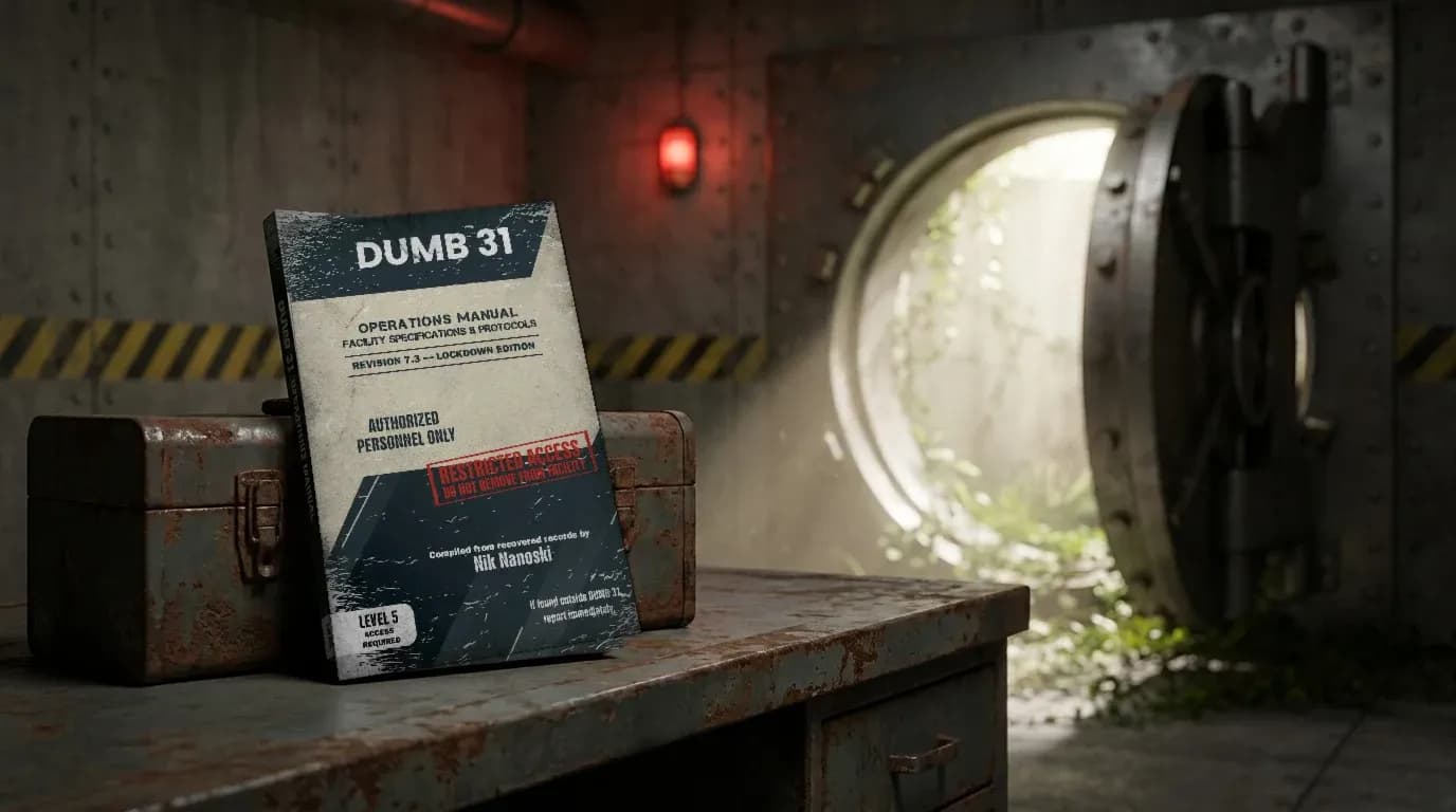 DUMB 31 by Nik Nanoski, a post-apocalyptic novel, standing on a steel desk in an underground bunker as the vault door opens onto sunlight and overgrown vegetation